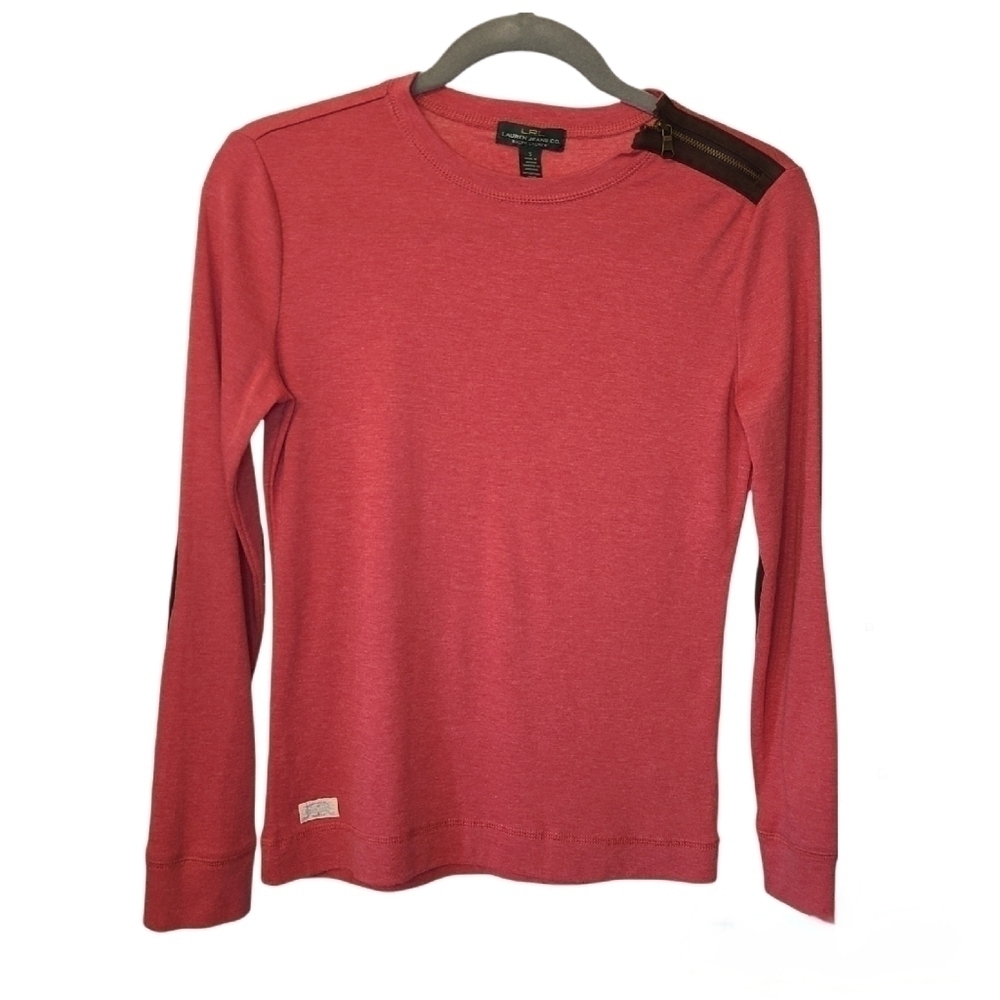 Ralph Lauren Long Sleeve Crew Neck Top with Elbow Patches Red and Brown Sz Small
